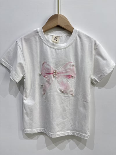 【PEARL BOW｜立體珍珠蝴蝶結白色｜短T】1