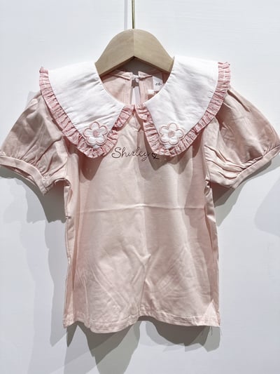 【Flower shape花邊娃娃領泡泡袖｜短T】1