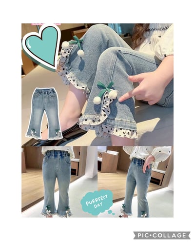 【Mini Cherry Lace Denim ◆韓系◆櫻桃喇叭褲】5