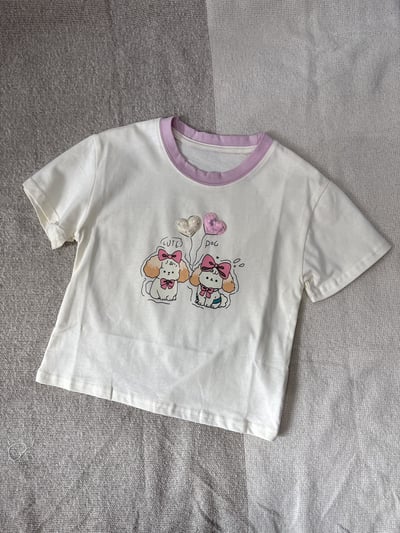 【CUTE DOG亮片愛心狗狗米杏色｜短T】3