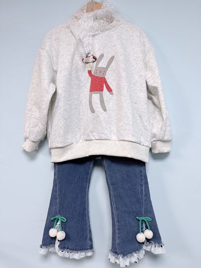 【Mini Cherry Lace Denim ◆韓系◆櫻桃喇叭褲】4