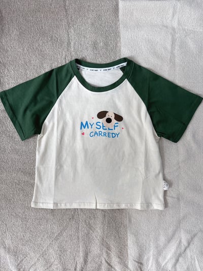 【HONE BABY｜綠色拼接袖萌狗｜短T】3