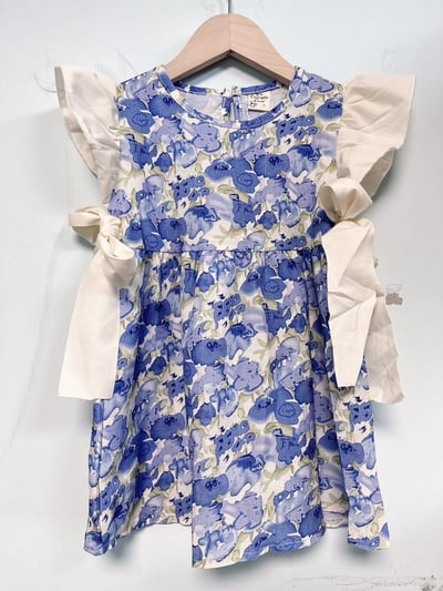 【BlueFlower Summer藍花繪夏蝴蝶袖綁結｜連身裙】】1