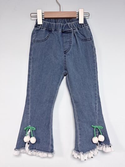 【Mini Cherry Lace Denim ◆韓系◆櫻桃喇叭褲】1