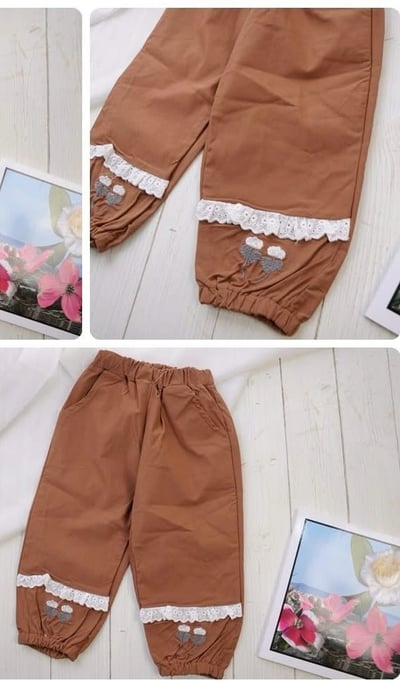 【Vintage lace 日系風◆縮口◆棕色.蕾絲甜美刺繡小花｜長褲】6