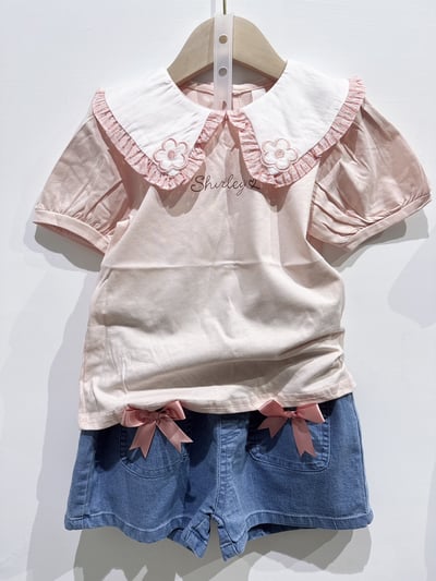 【Flower shape花邊娃娃領泡泡袖｜短T】7