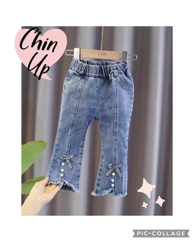 【Pearl Bow 韓系◆喇叭◆牛仔.俏皮珍珠蝴蝶結點綴｜長褲】5