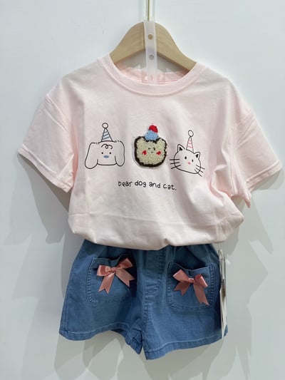 【BEAR DOG CAT｜毛絨立體熊粉色｜短T】5