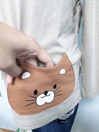 【Cat Pocket 韓系◆精棉◆咖綠色.可愛貓咪小口袋｜薄長T】3