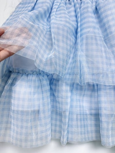 【Dream Blue Grid夢幻藍格柔紗蛋糕層次｜連身裙】3