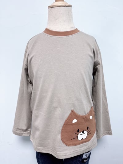 【Cat Pocket 韓系◆精棉◆咖綠色.可愛貓咪小口袋｜薄長T】2