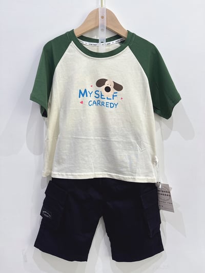 【HONE BABY｜綠色拼接袖萌狗｜短T】5