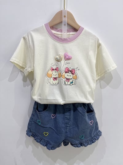 【CUTE DOG亮片愛心狗狗米杏色｜短T】5