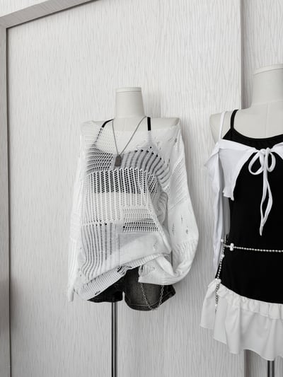 廢土風破舊感針織寬領口寬鬆罩衫4