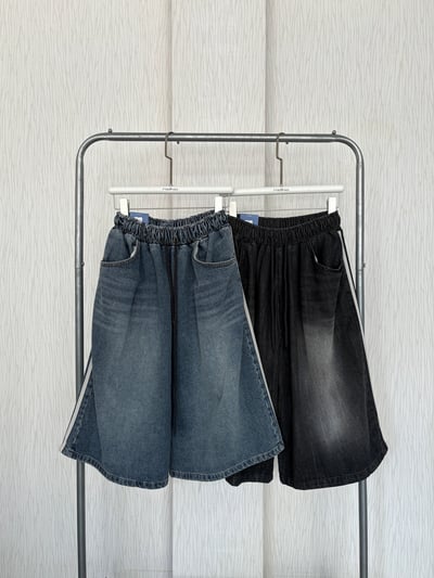 正韓🇰🇷休閒風雙線邊鬆緊抽繩牛仔七分褲1