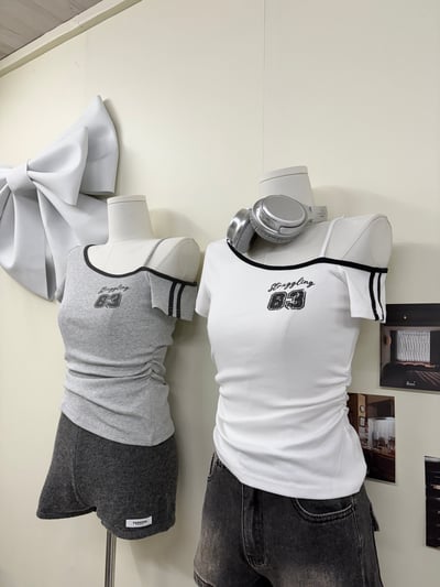 賽車風斜單肩帶短袖83線條腰身上衣2