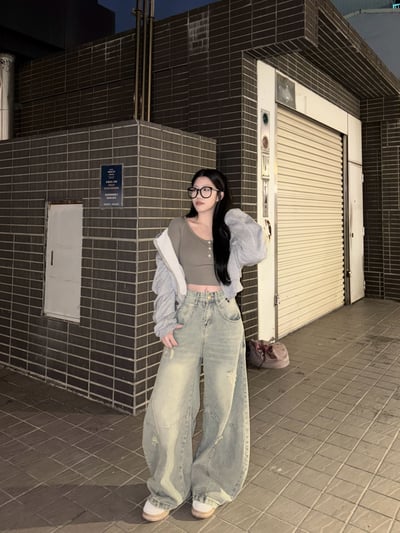 復古刷黃破舊牛仔彎刀褲2