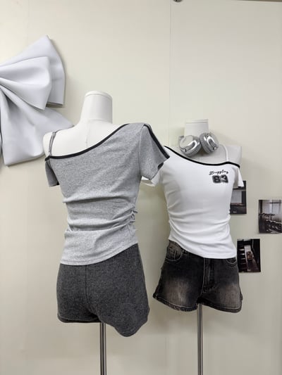 賽車風斜單肩帶短袖83線條腰身上衣3