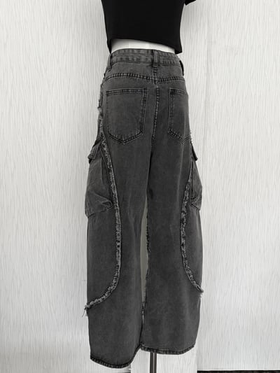 ［男款］街頭風斜毛邊工裝口袋高腰牛仔寬褲8