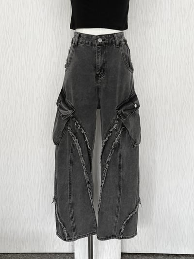 ［男款］街頭風斜毛邊工裝口袋高腰牛仔寬褲4