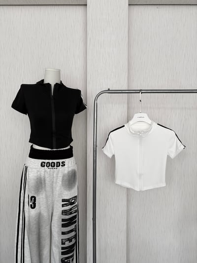 立領雙拼線下U短袖貼身拉鏈外套1