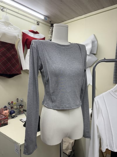 雙條個性車線腰身短版長袖上衣5