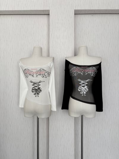 蕾絲腰開衩網紗一字領兩面穿棉質上衣3