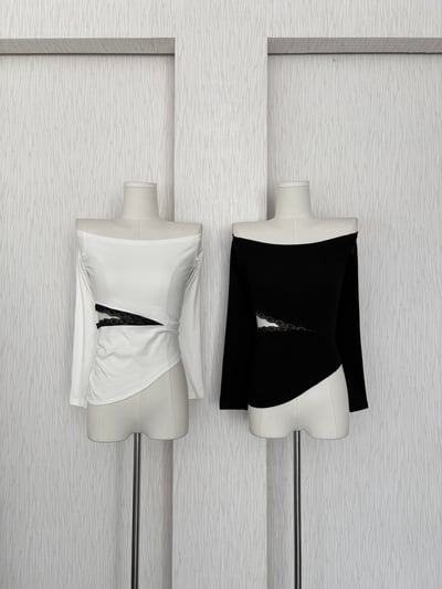 蕾絲腰開衩網紗一字領兩面穿棉質上衣2