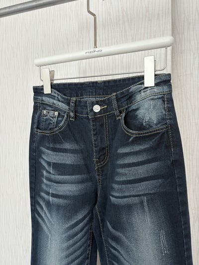 刷白抓痕深原色藍中低腰牛仔喇叭褲3