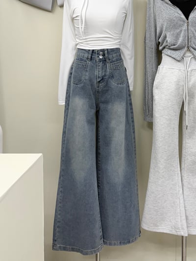 雙釦方口袋淺藍色高腰直筒牛仔寬褲1