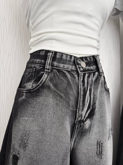 黑暗系街頭風刷破水洗黑牛仔七分褲4