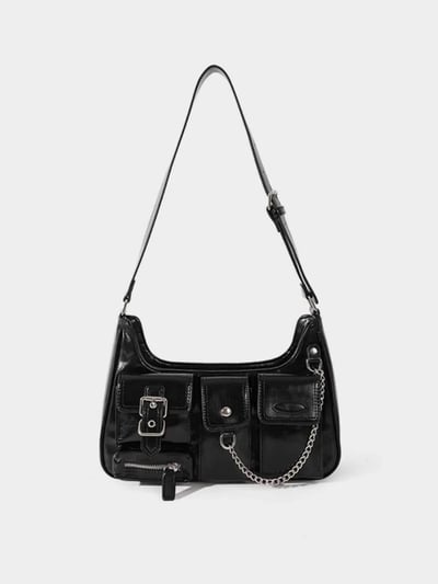 個性多口袋黑色亮皮機車包3