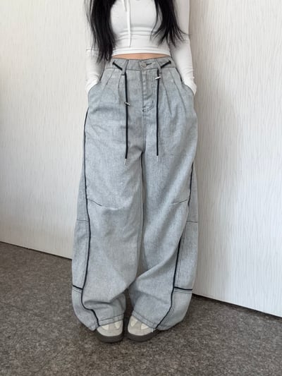 復古街頭拼接牛仔彎刀褲3