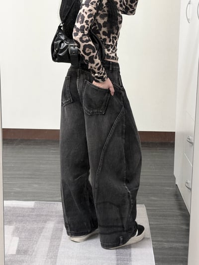 [小個友好] 美式陰影刷破水洗黑牛仔彎刀褲5
