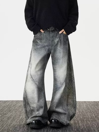 廢土風豹紋水洗煙灰色牛仔彎刀褲6