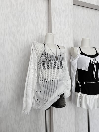 廢土風破舊感針織寬領口寬鬆罩衫5