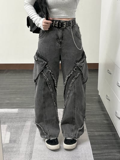 ［男款］街頭風斜毛邊工裝口袋高腰牛仔寬褲3