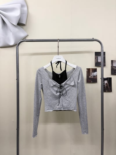 糯米花灰色綁帶真兩件上衣(附無罩杯背心)2