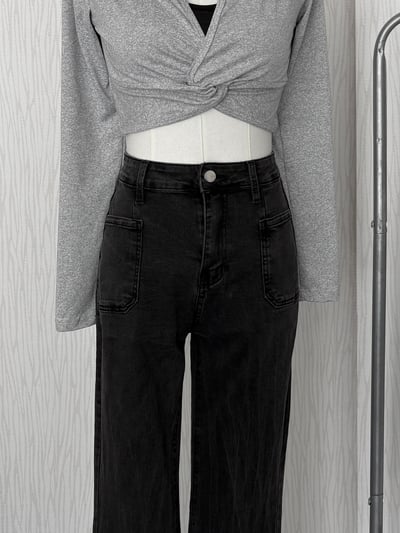 薄款豎刷痕碳灰色方口袋牛仔喇叭褲2