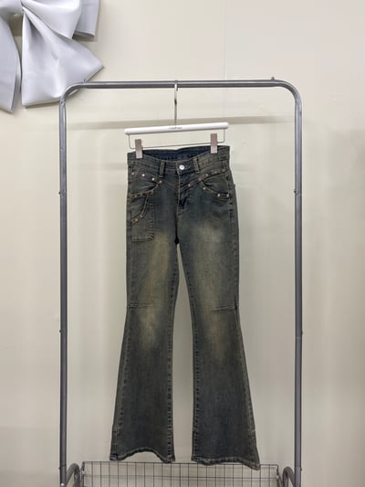 復古刷黃釘釦牛仔喇叭褲1