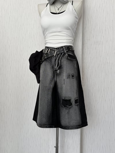 黑暗系街頭風刷破水洗黑牛仔七分褲1