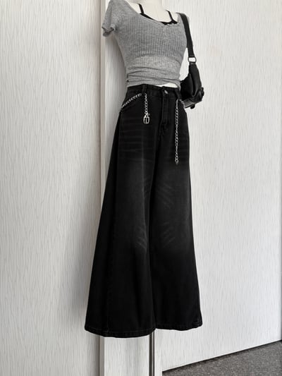 闆娘最愛款♡抓痕感A字黑色牛仔寬褲2