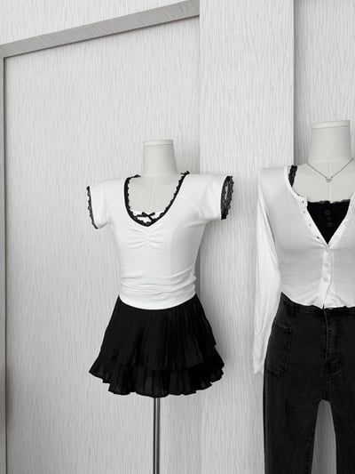 假兩件黑白蕾絲邊短袖腰身棉質上衣4