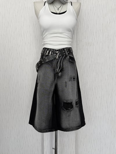 黑暗系街頭風刷破水洗黑牛仔七分褲2