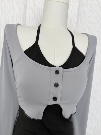 三扣黑邊超短版冰山灰彈性涼感上衣2