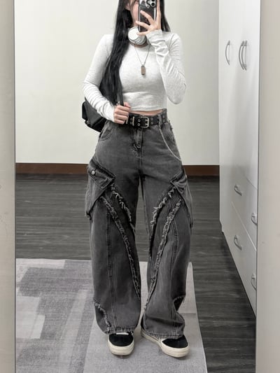 ［男款］街頭風斜毛邊工裝口袋高腰牛仔寬褲1