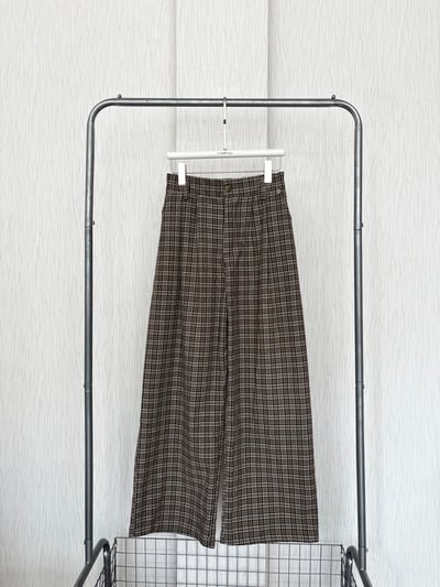 夏季輕薄木釦咖色格紋寬褲2