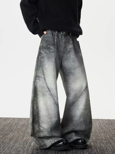 廢土風豹紋水洗煙灰色牛仔彎刀褲4