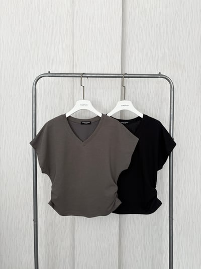 棉花糖女孩必入🇰🇷V領素面飛鼠袖寬鬆收腰薄棉上衣3