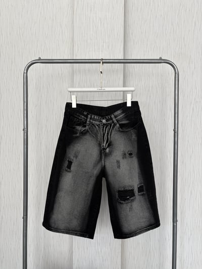 黑暗系街頭風刷破水洗黑牛仔七分褲5